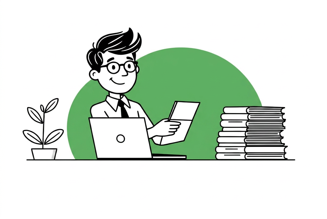 Illustration of a bookkeeper simplifying financial paperwork