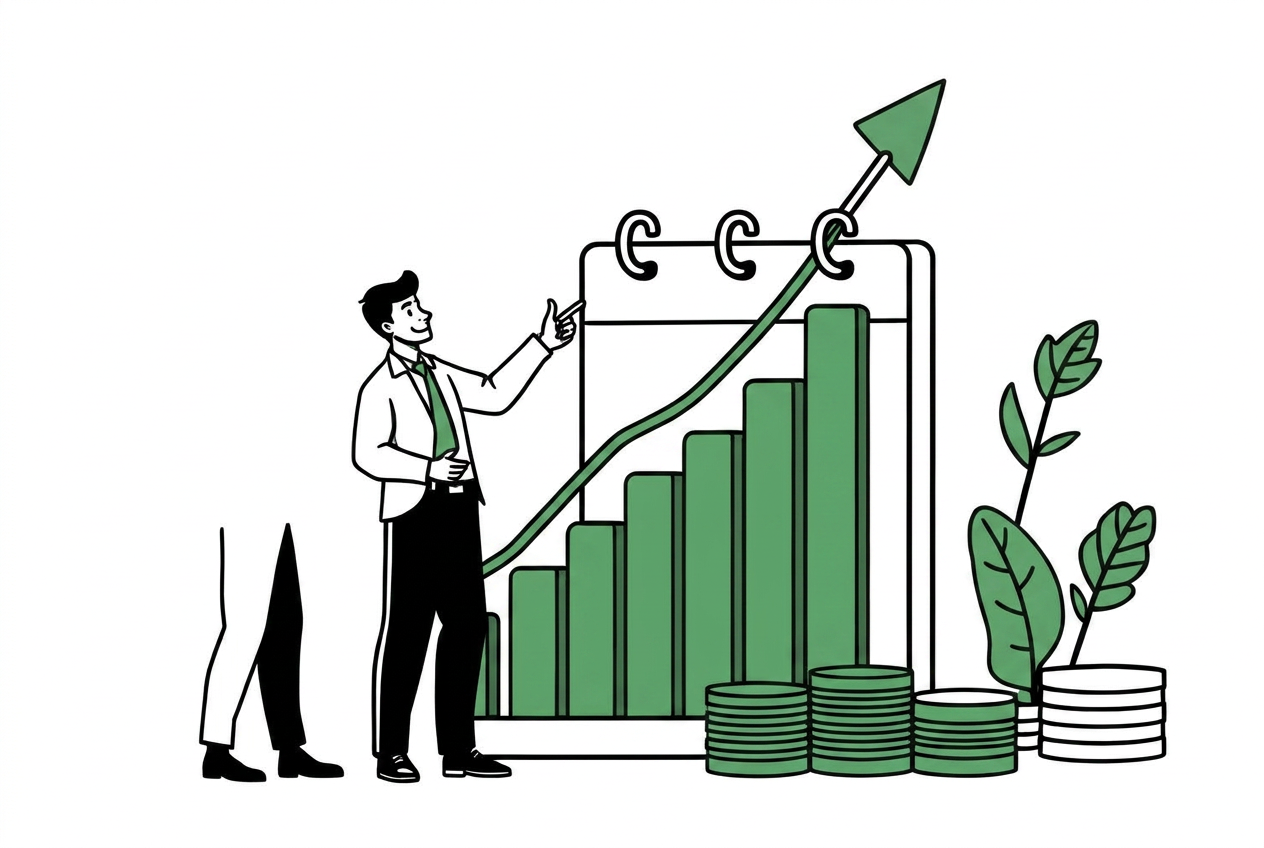 Illustration of a rising growth chart supported by bookkeeping